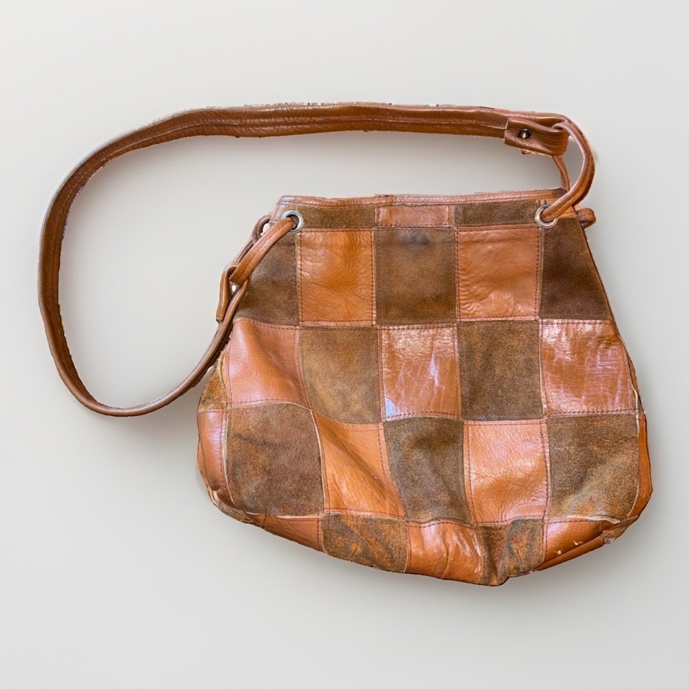 Vintage Genuine Leather Patchwork 1970s Hobo Shoulder Bag Snaps Shut